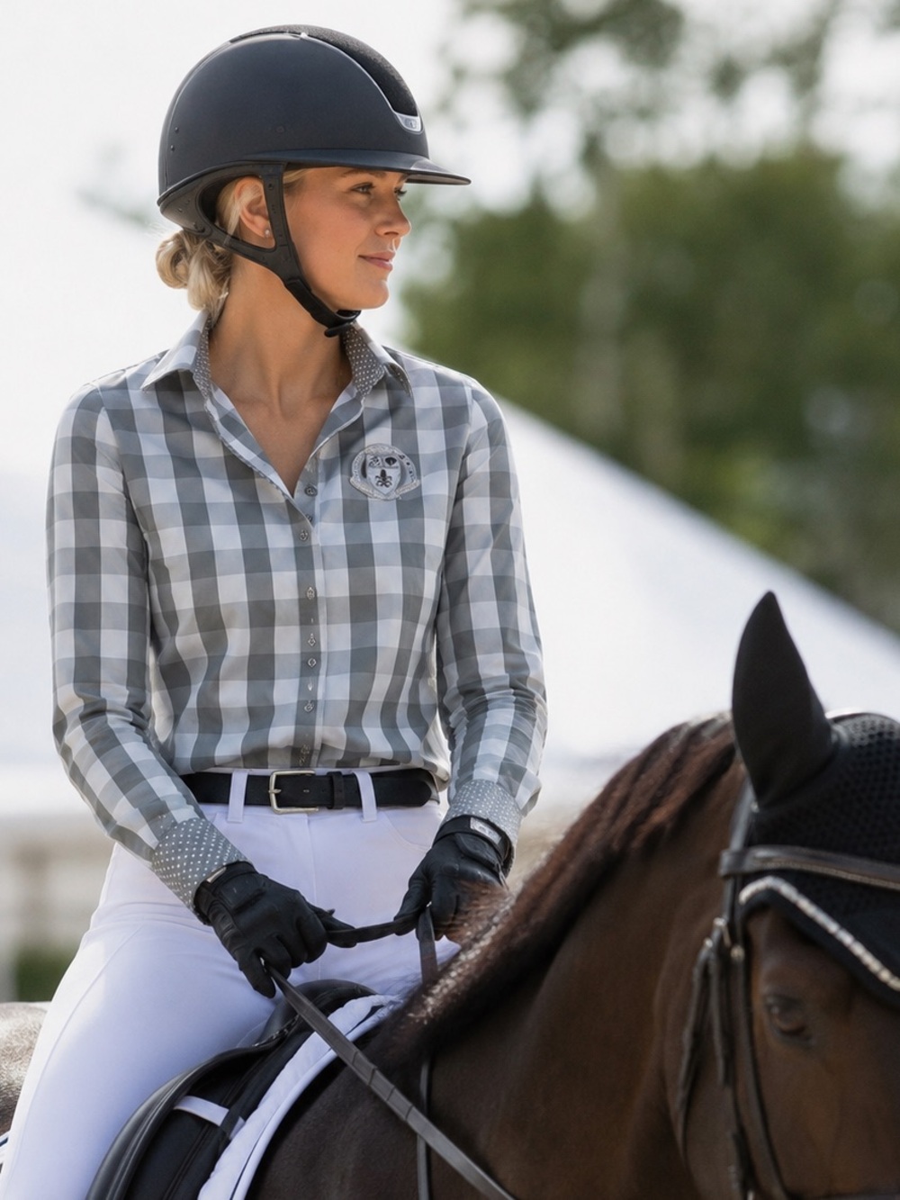 Fior Da Liso Equestrian Grey Gingham Riding Blouse EU 38 US 8 Horse Show Shirt